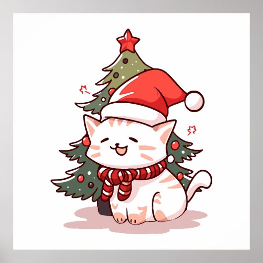 クリスマスツリーの近くでサンタ帽をかぶったかわいい猫 ポスター (正面)