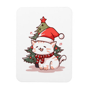 クリスマスツリーの近くでサンタ帽をかぶったかわいい猫 マグネット