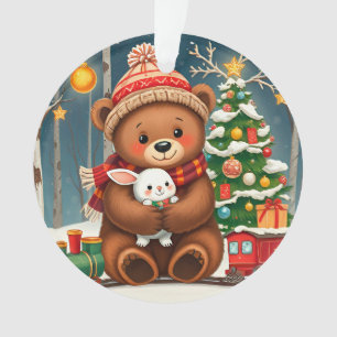クリスマスツリーの近くでバニーを持つかわいいクマ オーナメント
