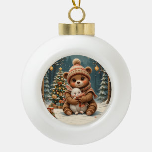 クリスマスツリーの近くでバニーを持つかわいいクマ セラミックボールオーナメント