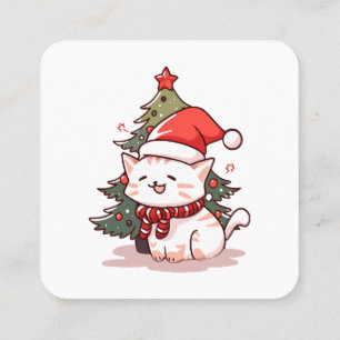 クリスマスツリーの近くにサンタ帽をかぶったかわいい猫 スクエア名刺