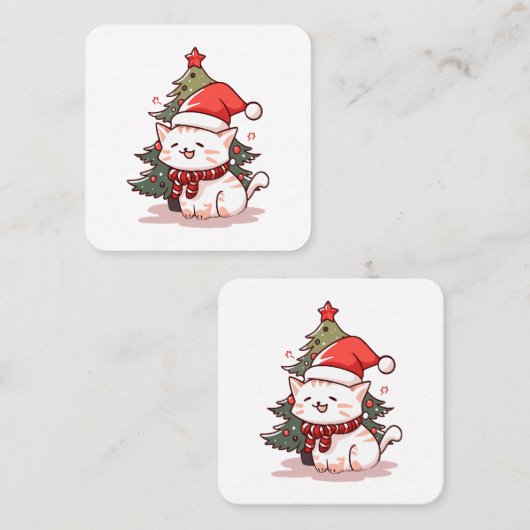 クリスマスツリーの近くにサンタ帽をかぶったかわいい猫 スクエア名刺 (正面/裏面)