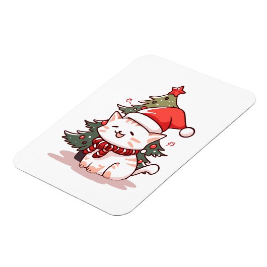 クリスマスツリーの近くにサンタ帽をかぶったかわいい猫 マグネット (左側)