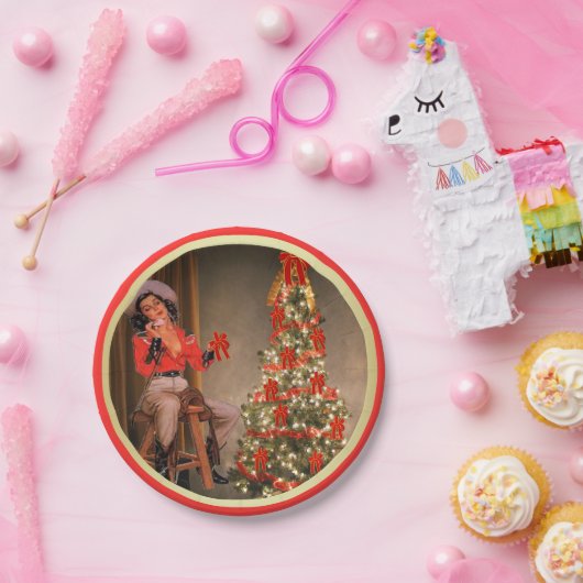 クリスマスツリーの金ゴールドの赤のサドルの女性のカーボーイ ペーパープレート (パーティー)