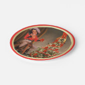 クリスマスツリーの金ゴールドの赤のサドルの女性のカーボーイ ペーパープレート (アングル)