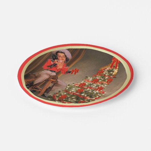 クリスマスツリーの金ゴールドの赤のサドルの女性のカーボーイ ペーパープレート (アングル)