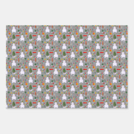 クリスマスツリーの雪だるまのスレッドのギフトベル ラッピングペーパーシート