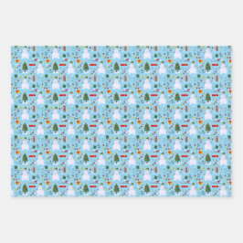 クリスマスツリーの雪だるまのスレッドのギフトベル ラッピングペーパーシート