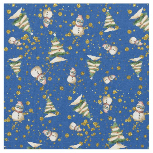 クリスマスツリーの雪だるまパターン ファブリック (クローズアップ)