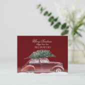 クリスマスツリーの雪のあるビンテージカー シーズンポストカード (スタンド正面)