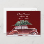 クリスマスツリーの雪のあるビンテージカー シーズンポストカード (正面/裏面)