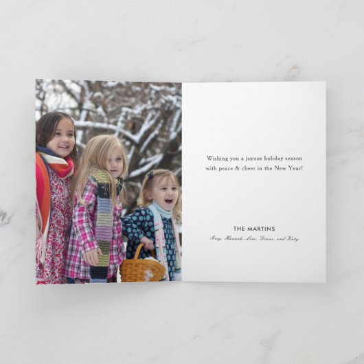 クリスマスツリーの雪の地球の金ゴールドの喜びの写真の休日 カード (内部)