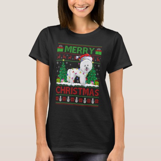 クリスマスツリーの電気がダサいサンタのビションフリーゼの犬クリス Tシャツ (正面)