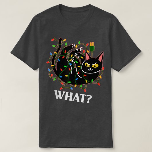 クリスマスツリーの電気に絡まった面白い猫が「WH」って言ってる Tシャツ (デザイン正面)
