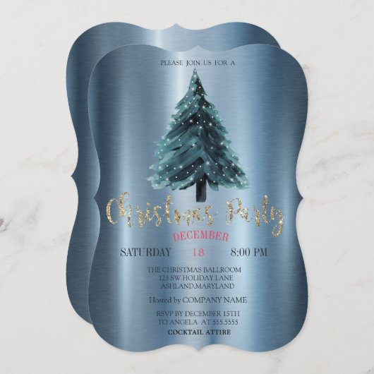 クリスマスツリーの青いメタリックパーティー 招待状 (正面/裏面)