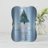 クリスマスツリーの青いメタリックパーティー 招待状 (スタンド正面)