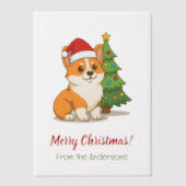 クリスマスツリーの飾りが入った赤い帽子をかぶったかわいいコーギー犬 ベラム紙招待状 (正面)