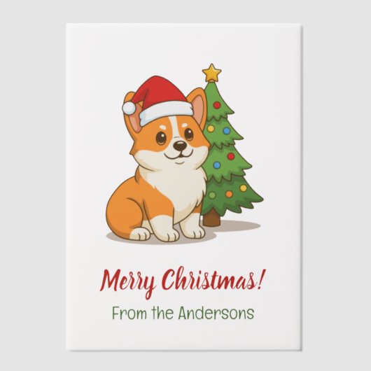 クリスマスツリーの飾りが入った赤い帽子をかぶったかわいいコーギー犬 ベラム紙招待状 (正面)