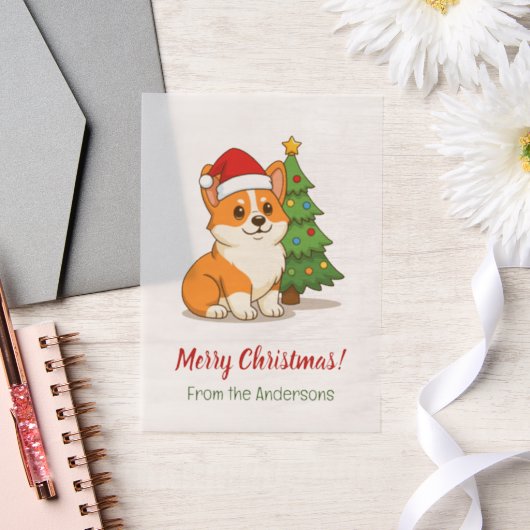 クリスマスツリーの飾りが入った赤い帽子をかぶったかわいいコーギー犬 ベラム紙招待状 (ウェディング)