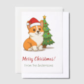 クリスマスツリーの飾りが入った赤い帽子をかぶったかわいいコーギー犬 ベラム紙招待状 (オフセット)