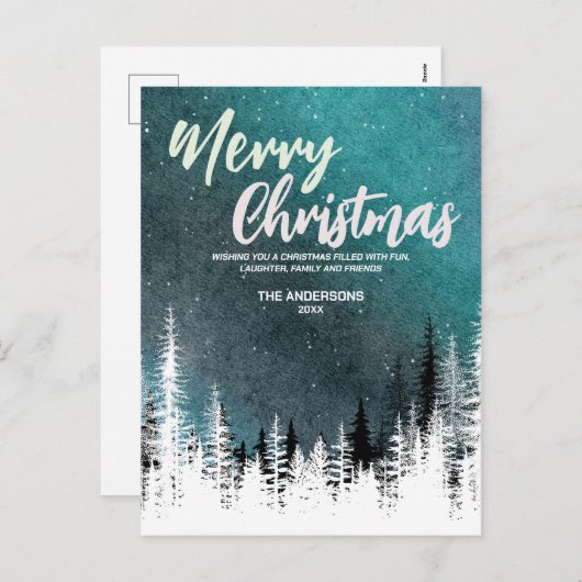 クリスマスツリーの飾る冬の夜の森のホリデー シーズンポストカード (正面/裏面)