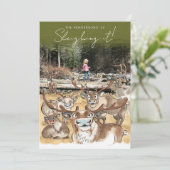 クリスマスツリーの鹿のホリデー写真カード オリーブグリーン シーズンカード (スタンド正面)