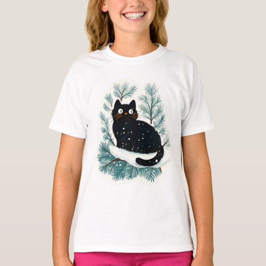 クリスマスツリーの黒猫かわいい Tシャツ (正面)