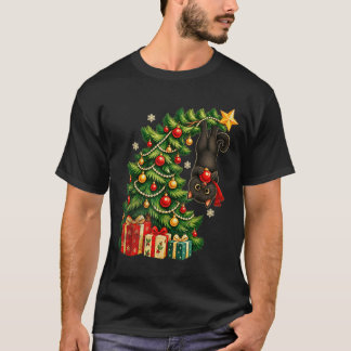 クリスマスツリーの黒猫 愉快なペット Tシャツ