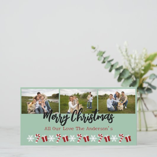 クリスマスツリーの3枚の写真を使ったパーソナライズされたコラージュ シーズンカード (スタンド正面)