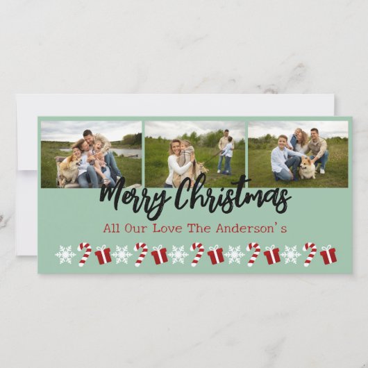 クリスマスツリーの3枚の写真を使ったパーソナライズされたコラージュ シーズンカード (正面)