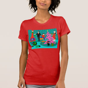 クリスマスツリーのTシャツを整えているレトロ家族 Tシャツ