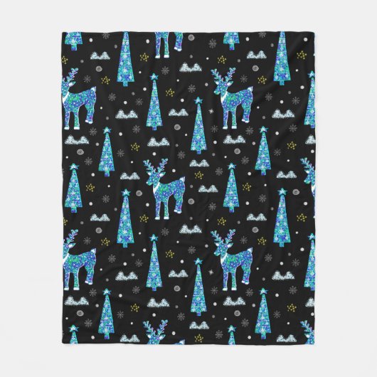 クリスマスツリーやトナカイの雪片。冬イチラシ フリースブランケット (正面)