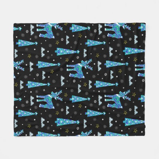 クリスマスツリーやトナカイの雪片。冬イチラシ フリースブランケット (正面(横))