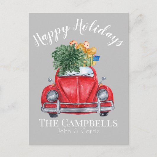クリスマスツリーをカスタマイズ可能なレッドカー シーズンポストカード (正面)