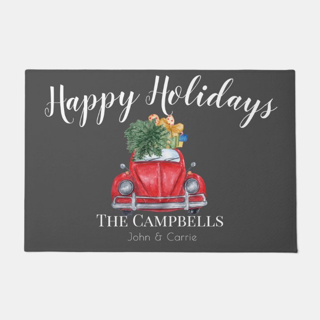 クリスマスツリーをカスタマイズ可能なレッドカー ドアマット (正面)