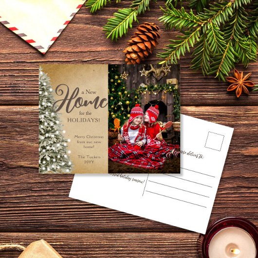 クリスマスツリーをパーチメントに新しいホームフォトムービング ポストカード