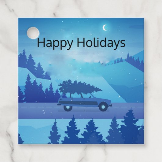クリスマスツリーを乗せて道路を運転中 フェイバータグ (正面)