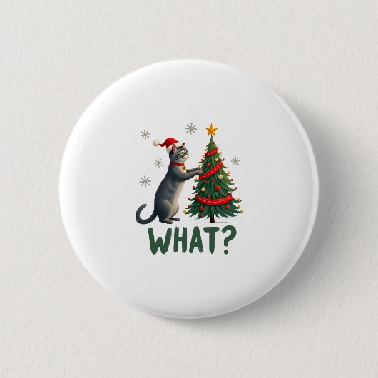 クリスマスツリーを倒す猫 Xma 面白いねこ 缶バッジ (正面)