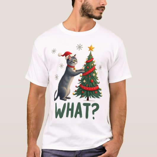 クリスマスツリーを倒す猫 Xmas 面白いネコ Tシャツ (正面)