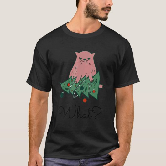 クリスマスツリーを倒す面白い猫 Tシャツ (正面)