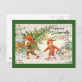 クリスマスツリーを収穫している小妖精や小人 シーズンポストカード (正面/裏面)