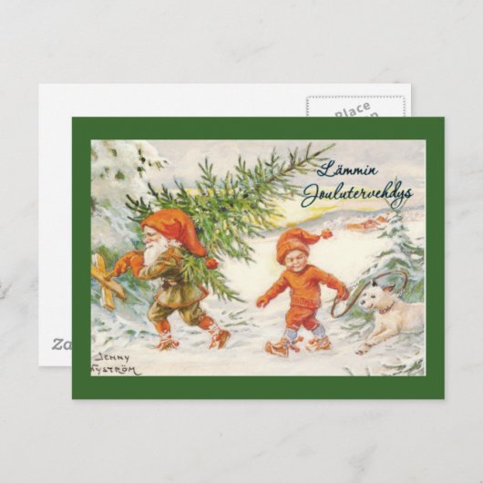 クリスマスツリーを収穫している小妖精や小人 シーズンポストカード (正面/裏面)