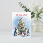 クリスマスツリーを喜々として飾るペンギンの家族 ポストカード (スタンド正面)