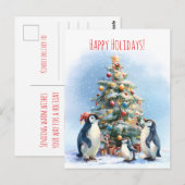 クリスマスツリーを喜々として飾るペンギンの家族 ポストカード (正面/裏面)