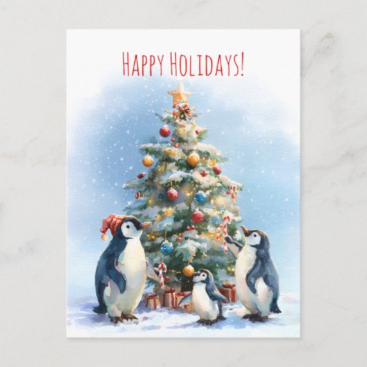 クリスマスツリーを喜々として飾るペンギンの家族 ポストカード (正面)