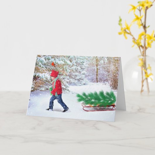 クリスマスツリーを家に運ぶ グリーティングカード (黄色い花)