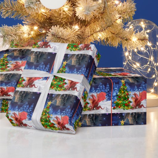 クリスマスツリーを引っ張るドラゴン ラッピングペーパー (クリスマス)