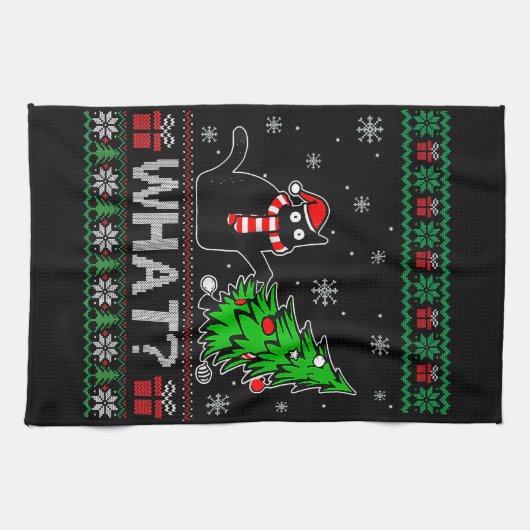 クリスマスツリーを押しおもしろいて何と黒い猫 キッチンタオル (横)