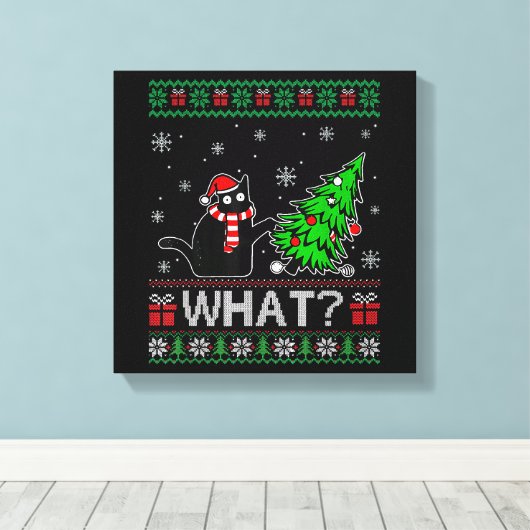 クリスマスツリーを押しおもしろいて何と黒い猫 キャンバスプリント (インサイチュ (ウッドフロア))