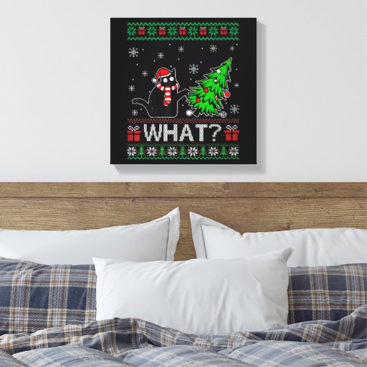 クリスマスツリーを押しおもしろいて何と黒い猫 キャンバスプリント (インサイチュ (寝室))